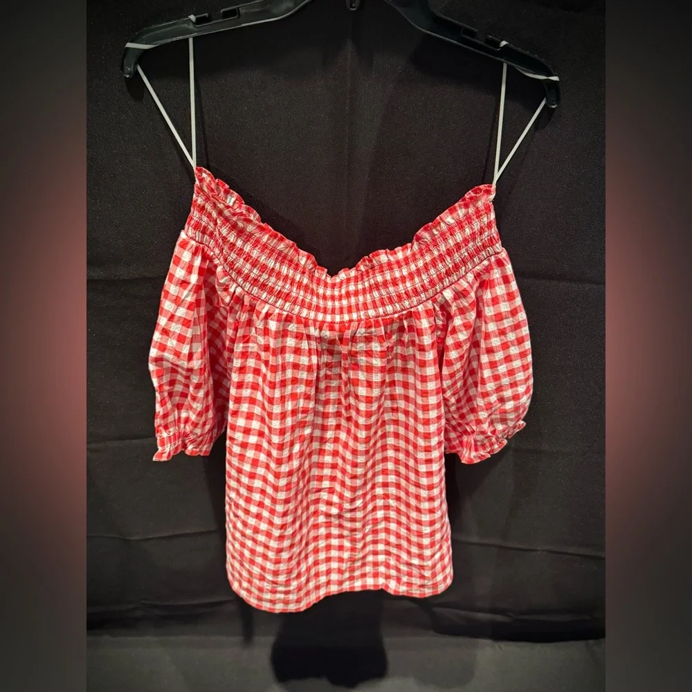 LOFT Red and White Gingham Off-Shoulder Blouse
